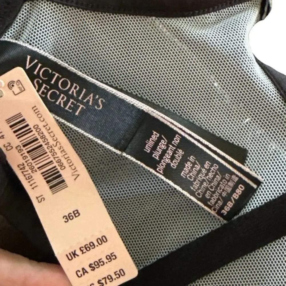 Victorias Secret Unlined Plunge Blue Black Lace Sheer Underwire Bra NWT sz 36B